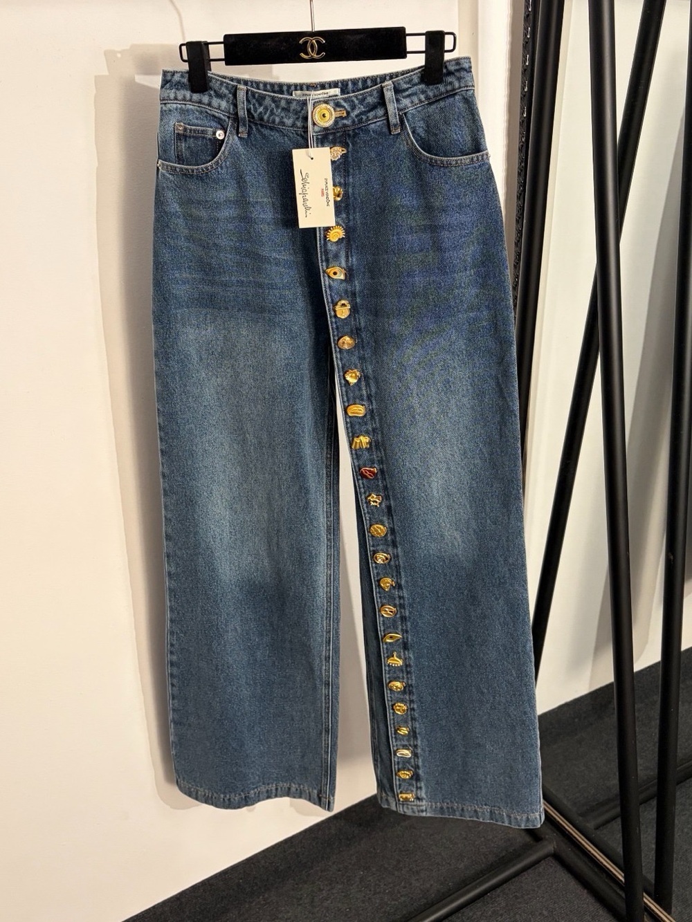 Schiaparelli Wide-Leg Blue Denim Jeans with Gold Button Trim